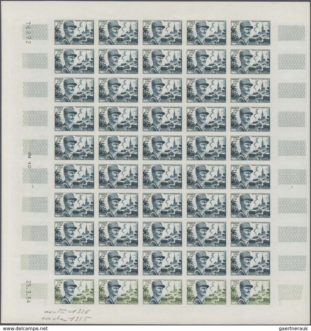 13806 Frankreich: 1954. Set Of 2 Different Color Proof Sheets Of 50 For The Issue "(12fr) Marshal Jean De - Oblitérés