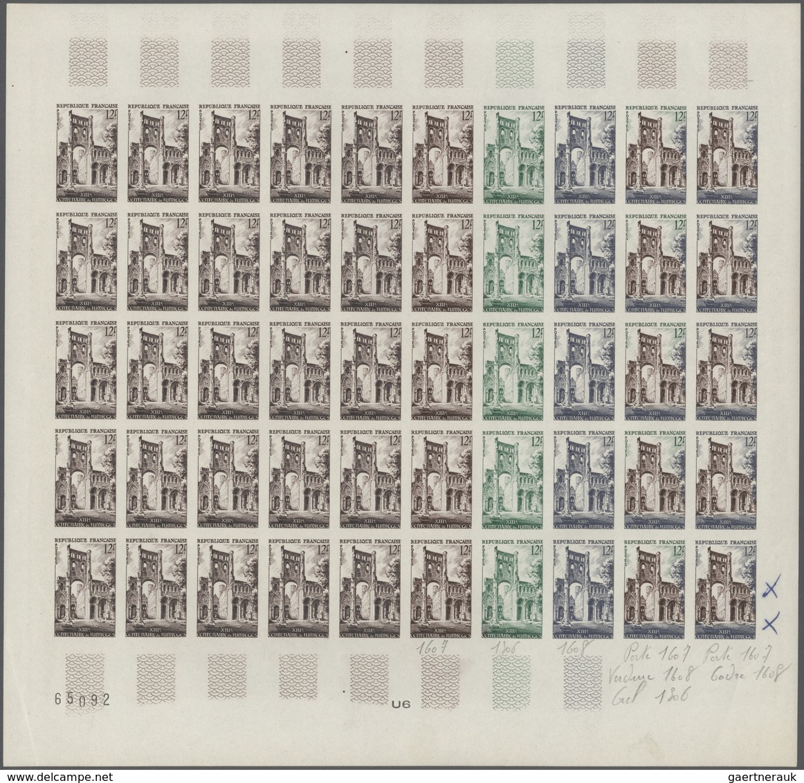 13807 Frankreich: 1954. Set Of 2 Different Color Proof Sheets Of 50 For The Issue "13th Centenary Of Abbey - Gebraucht