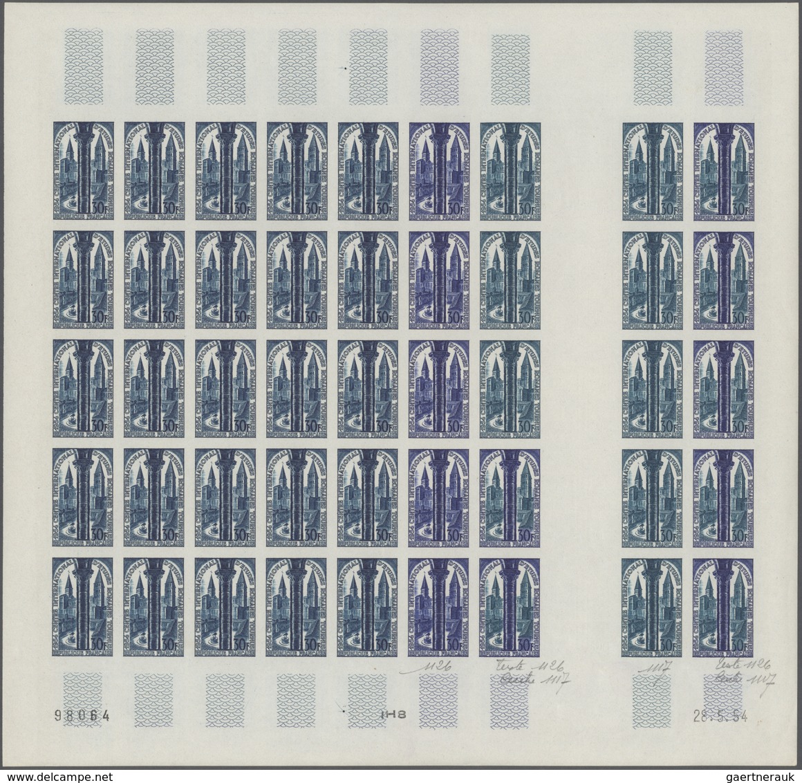 13808 Frankreich: 1954. Lot Of 2 Color Proof Sheets Of 45 Of It 5 GUTTER PAIRS For The Issue "First Confer - Gebraucht