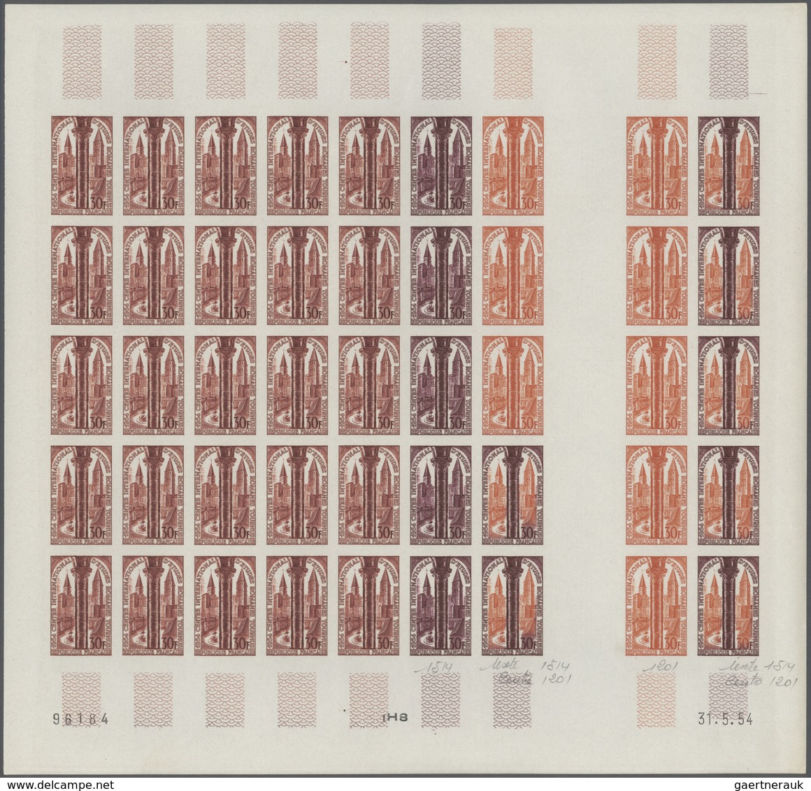 13808 Frankreich: 1954. Lot Of 2 Color Proof Sheets Of 45 Of It 5 GUTTER PAIRS For The Issue "First Confer - Oblitérés