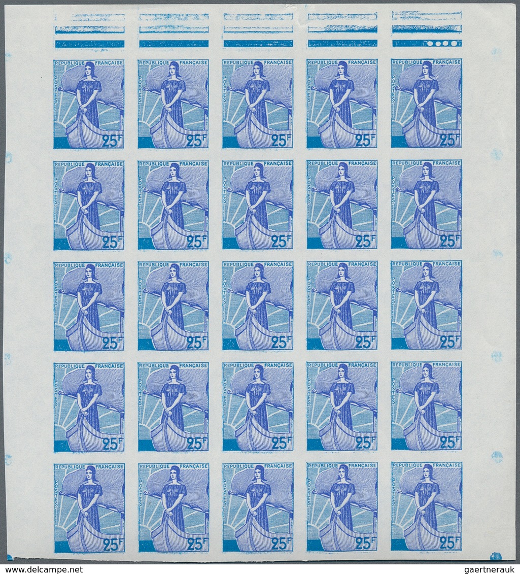 13818 Frankreich: 1959. Marianne à La Nef 25fr. Essay Block Of 25 In Blue And Violet, Imperforate, Mint, N - Gebraucht