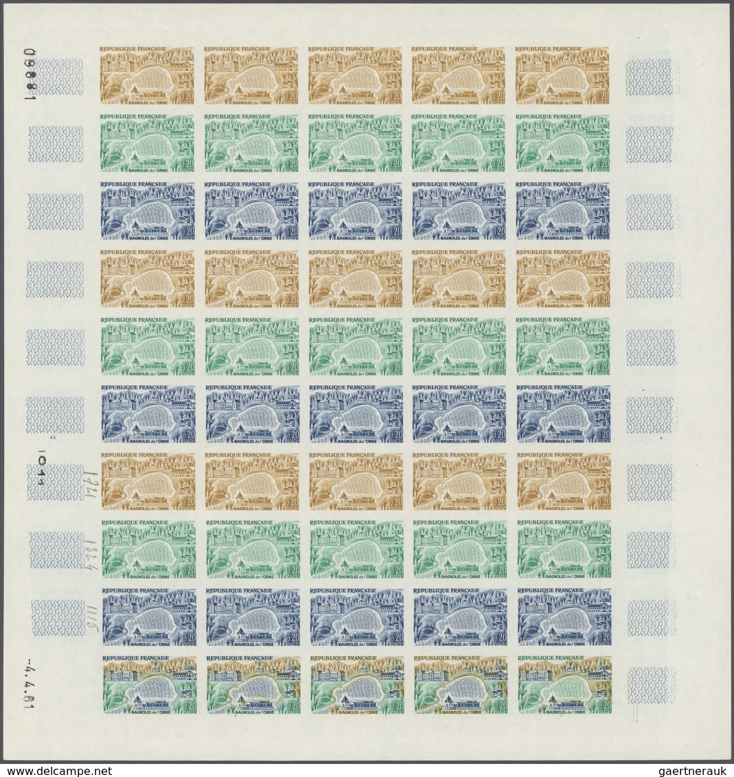 13826 Frankreich: 1961. Set Of 3 Different Color Proof Sheets Of 50 For The Issue "Bagnoles-de-l'Orne". Pr - Gebraucht