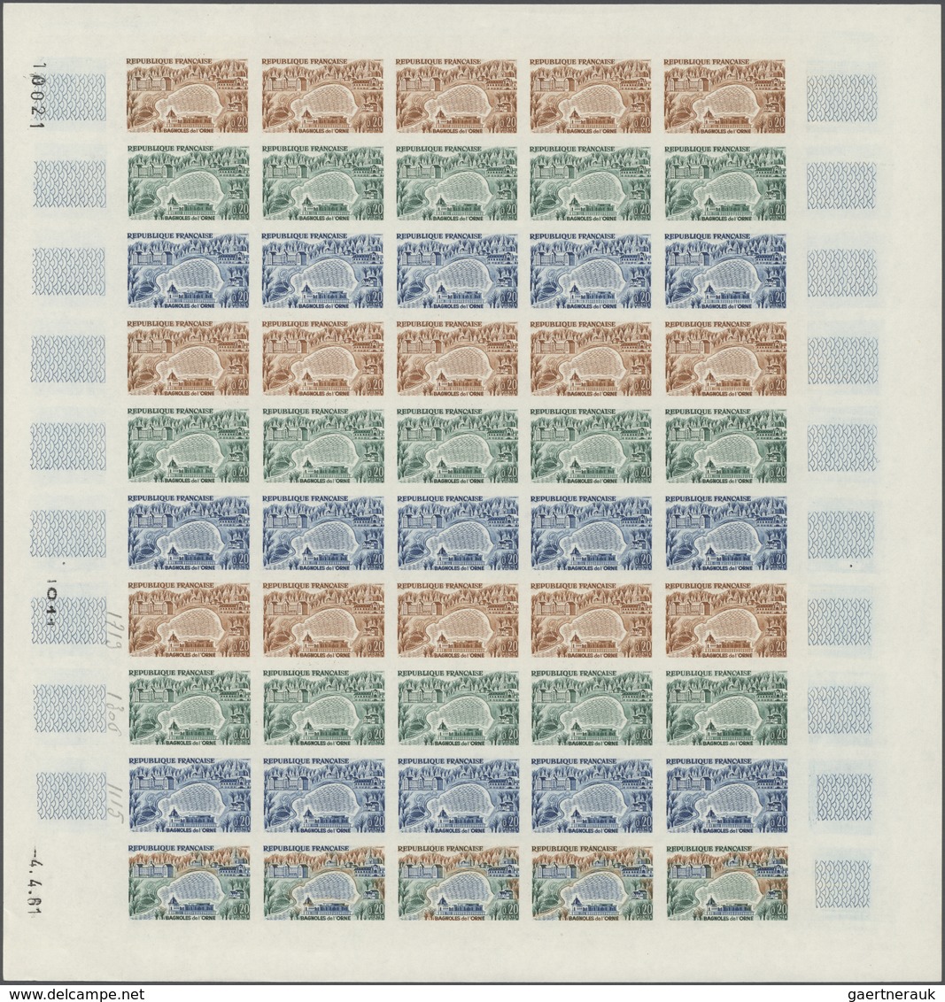 13826 Frankreich: 1961. Set Of 3 Different Color Proof Sheets Of 50 For The Issue "Bagnoles-de-l'Orne". Pr - Gebraucht