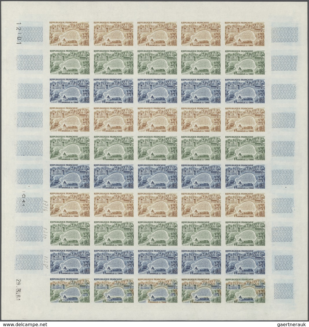 13826 Frankreich: 1961. Set Of 3 Different Color Proof Sheets Of 50 For The Issue "Bagnoles-de-l'Orne". Pr - Oblitérés