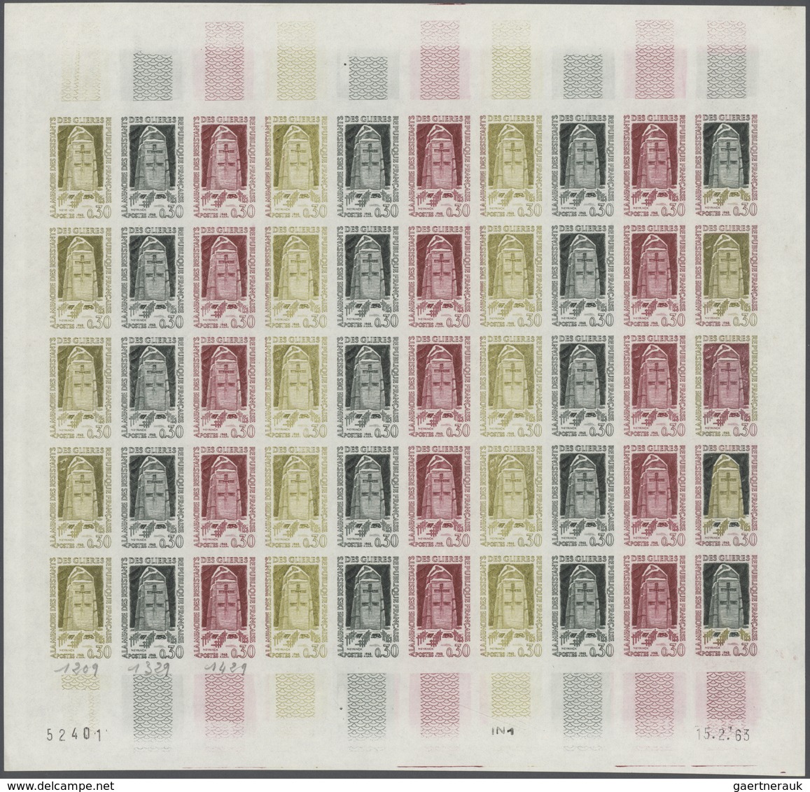 13830 Frankreich: 1963. Set Of 3 Different Color Proof Sheets Of 50 For The Issue "Heroes Of The Resistanc - Oblitérés