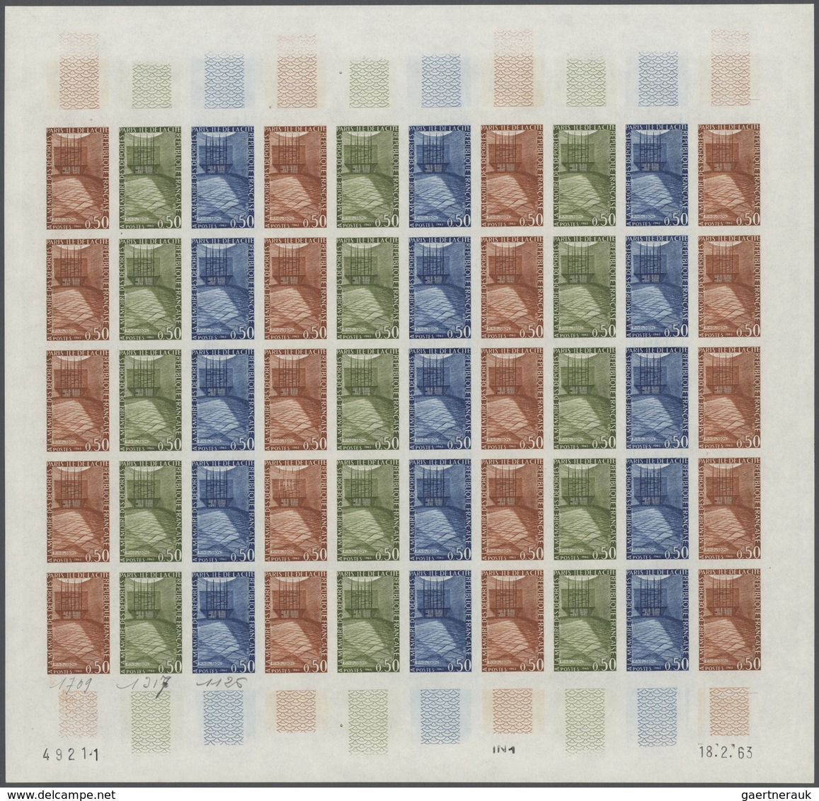 13831 Frankreich: 1963. Set Of 3 Different Color Proof Sheets Of 50 For The Issue "Heroes Of The Resistanc - Oblitérés