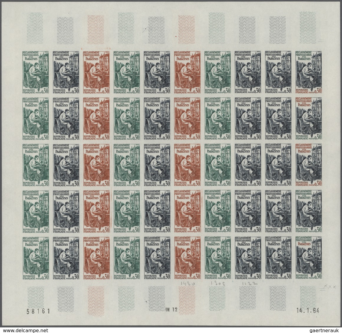 13834 Frankreich: 1964, France. Set Of 3 Different Color Proof Sheets Of 50 For The Issue "Rehabilitation - Gebraucht