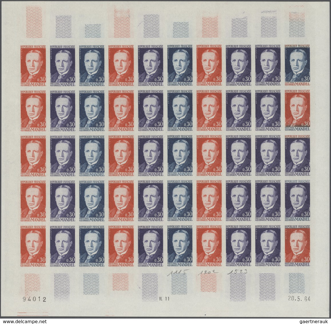 13835 Frankreich: 1964, France. Set Of 3 Different Color Proof Sheets Of 50 For The Issue "Georges Mandel, - Oblitérés