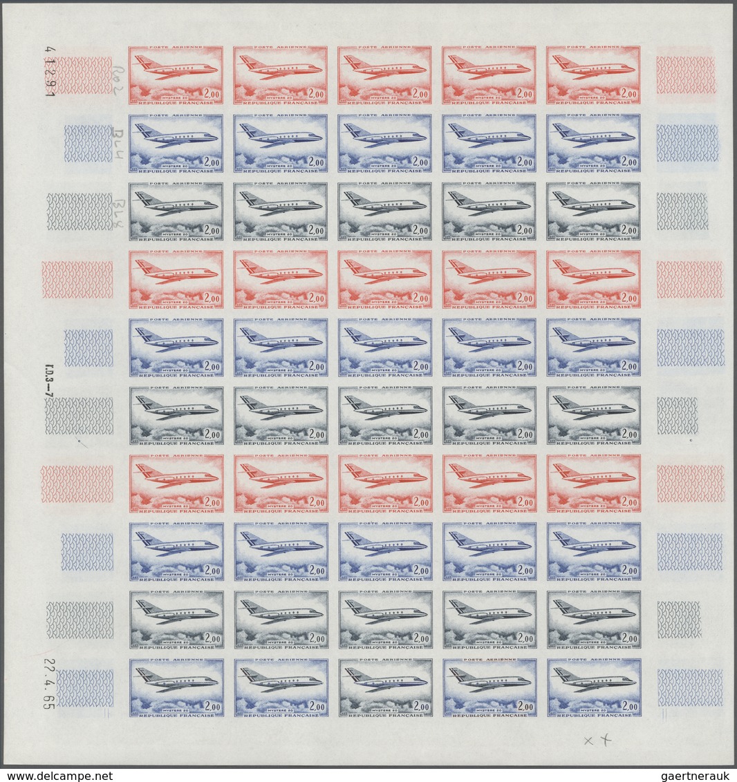 13837 Frankreich: 1965, France. Set Of 3 Different Color Proof Sheets Of 50 For An Airmail Stamp Showing " - Gebraucht