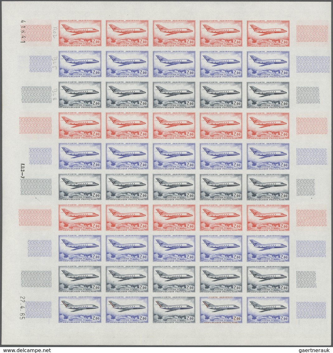 13837 Frankreich: 1965, France. Set Of 3 Different Color Proof Sheets Of 50 For An Airmail Stamp Showing " - Gebraucht
