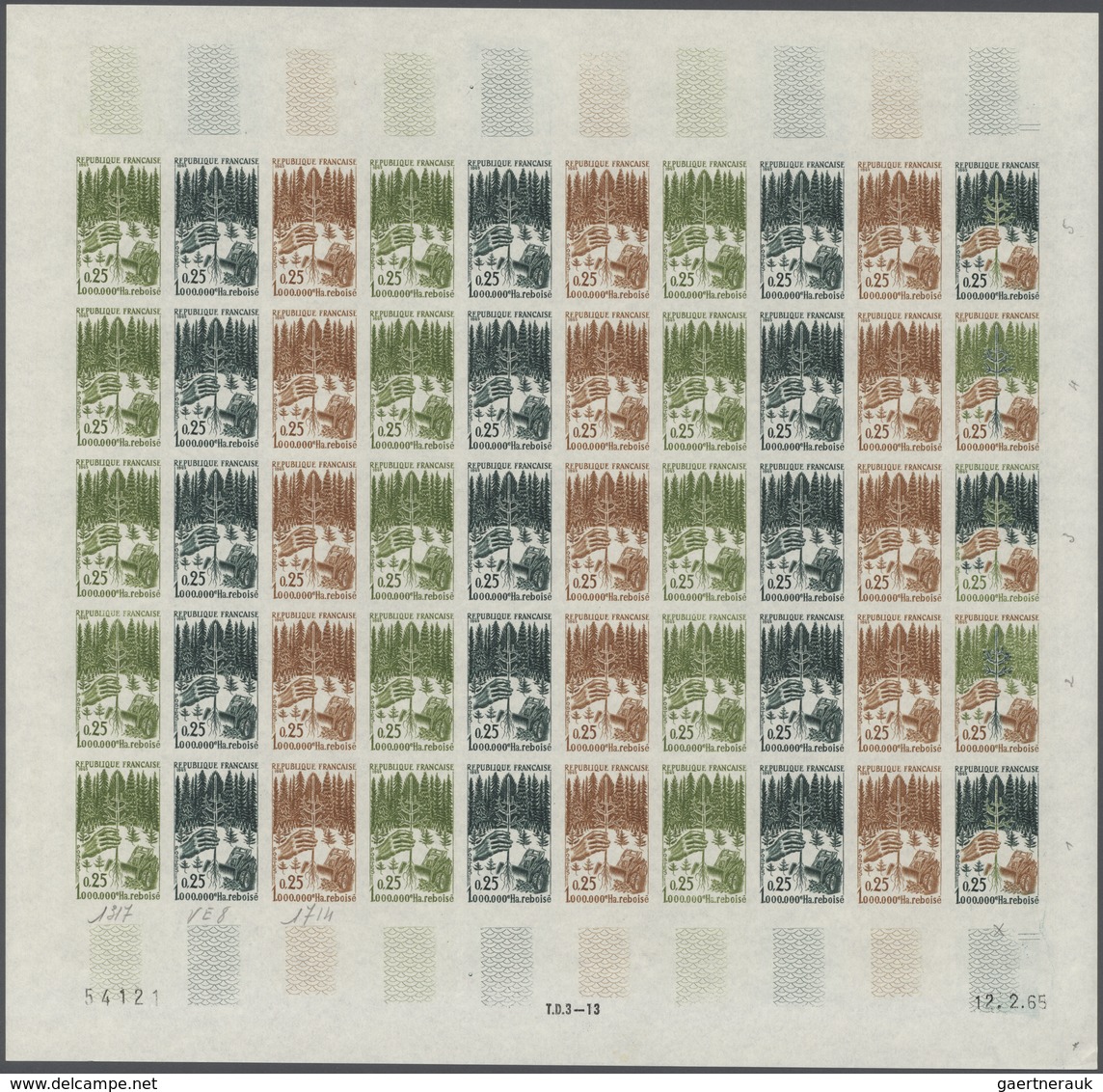13838 Frankreich: 1965, France. Set Of 2 Different Color Proof Sheets Of 50 For The Issue "National Refore - Oblitérés