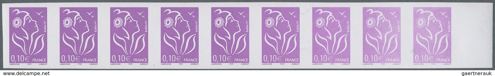 13910 Frankreich: 2005, Marianne ? 0,10 Purple Violett Imperforatet, Horizontal Strip Of 9 With Sheet Marg - Gebraucht