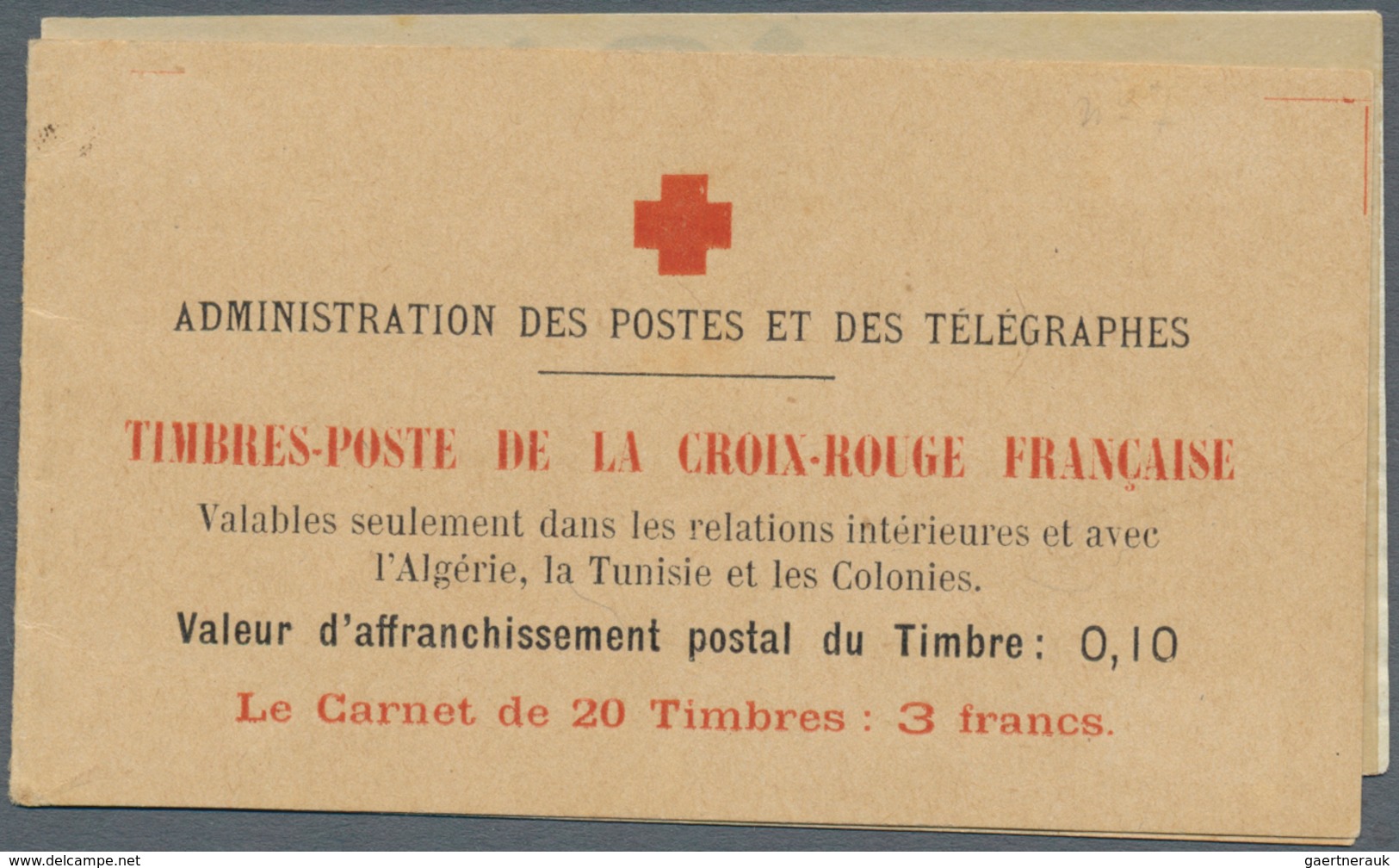 13916 Frankreich - Markenheftchen: 1914, 3fr. Red Cross Booklet With 20 Stamps 10c. + 5c. Semeuse, Without - Sonstige & Ohne Zuordnung