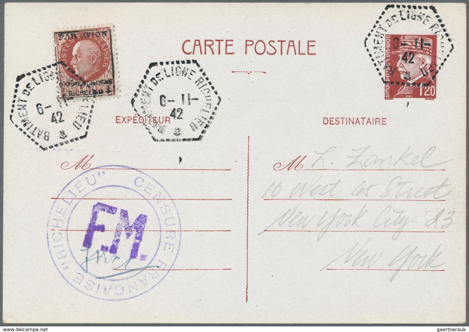 13923 Frankreich - Militärpostmarken: 1942, Brief Mit 1,50 FF. PETAIN Braun Mit Aufdruck "PAR AVION/Batime - Timbres De Franchise Militaire