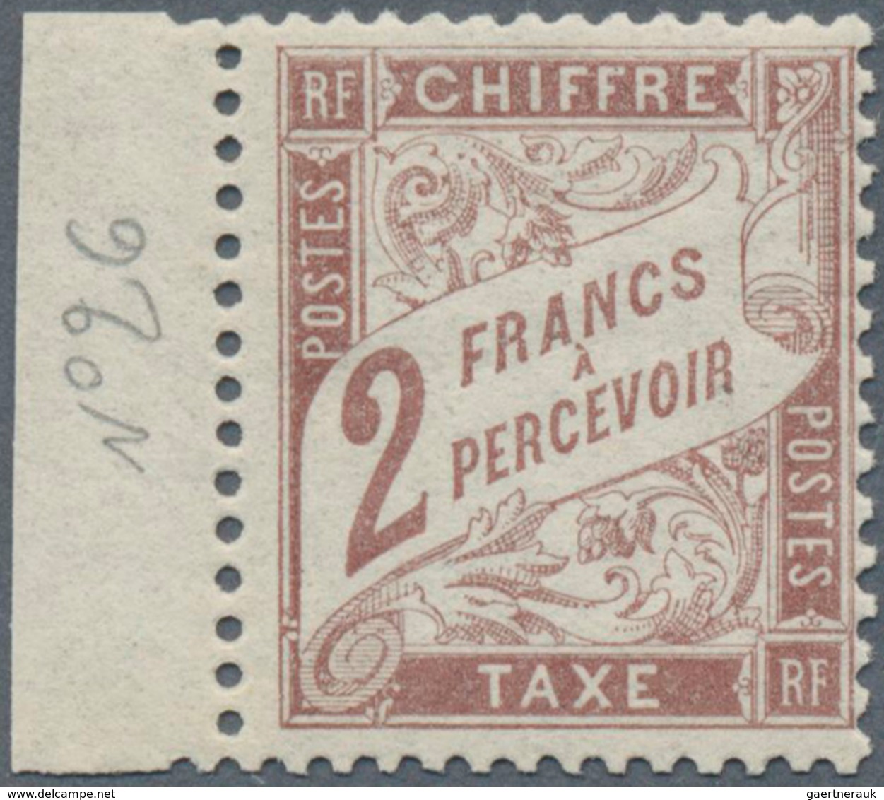 13927 Frankreich - Portomarken: 1884, Postage Due Stamp 2 Fr Brown From Left Sheet Margin, Mint Never Hing - 1859-1959 Lettres & Documents