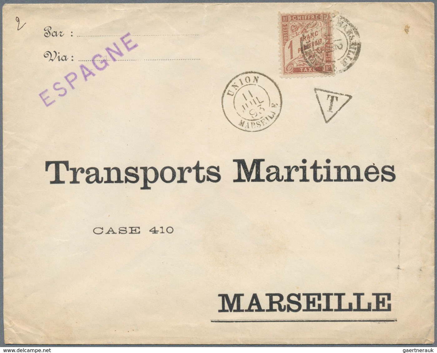 13928 Frankreich - Portomarken: 1893, Postage Due, 1 Fr. Maroon, On Cover From Brasil Via Spain To Marseil - 1859-1959 Lettres & Documents