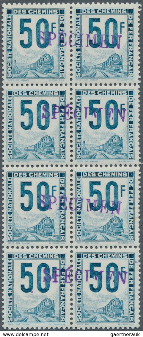 13935A Frankreich - Postpaketmarken: 1952, 50fr. Light Blue, Block Of Eight With Four Specimen Overprints, - Sonstige & Ohne Zuordnung