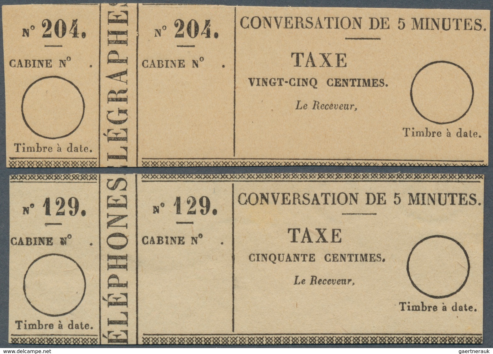 13936 Frankreich - Telegrafenmarken: 1883, Both Telephone Receipts Unused, 4.250, - ? - Telegraphie Und Telefon