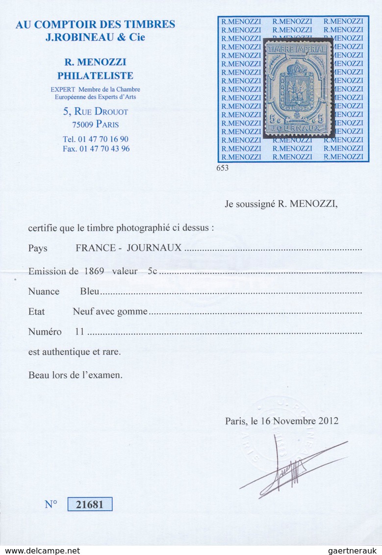 13940 Frankreich - Zeitungsmarken: 1869, Newspaper Stamp 5 C. Blue, Perforated With Normal Perforation, Fi - Zeitungsmarken (Streifbänder)