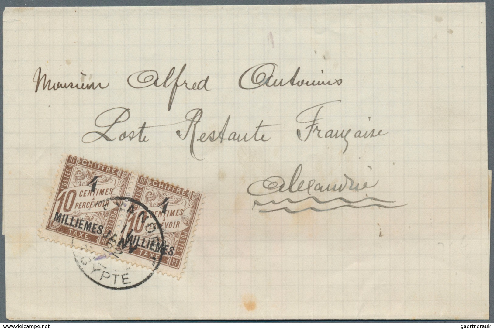 13954 Französische Post In Ägypten - Alexandria - Portomarken: 1922, 4 Mill On 10 C Brown, Horizontal Pair - Sonstige & Ohne Zuordnung