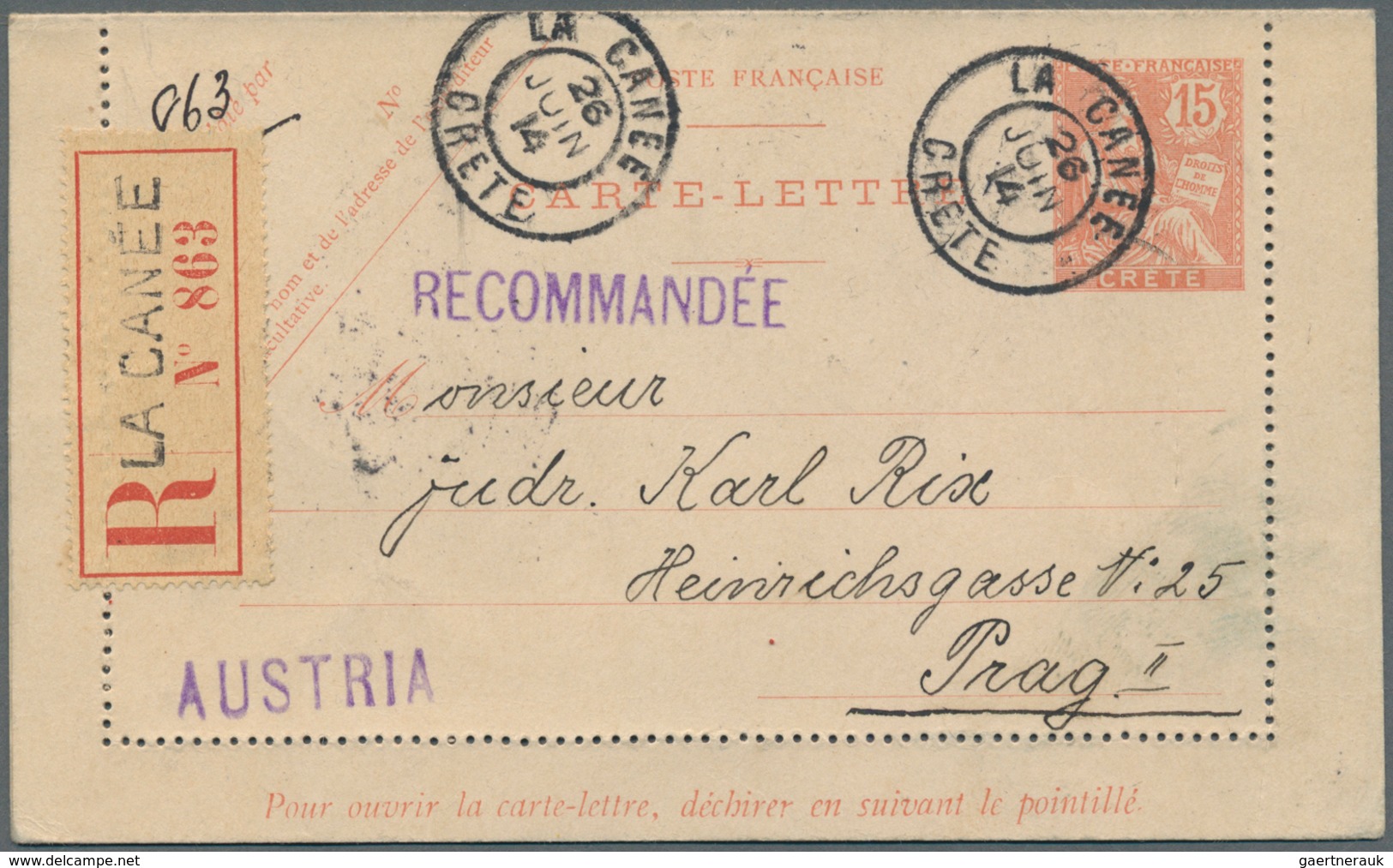 13961 Französische Post Auf Kreta: 1914, 15 C Red Stationery Letter-card, Uprated On Reverse With 1 C To 5 - Autres & Non Classés