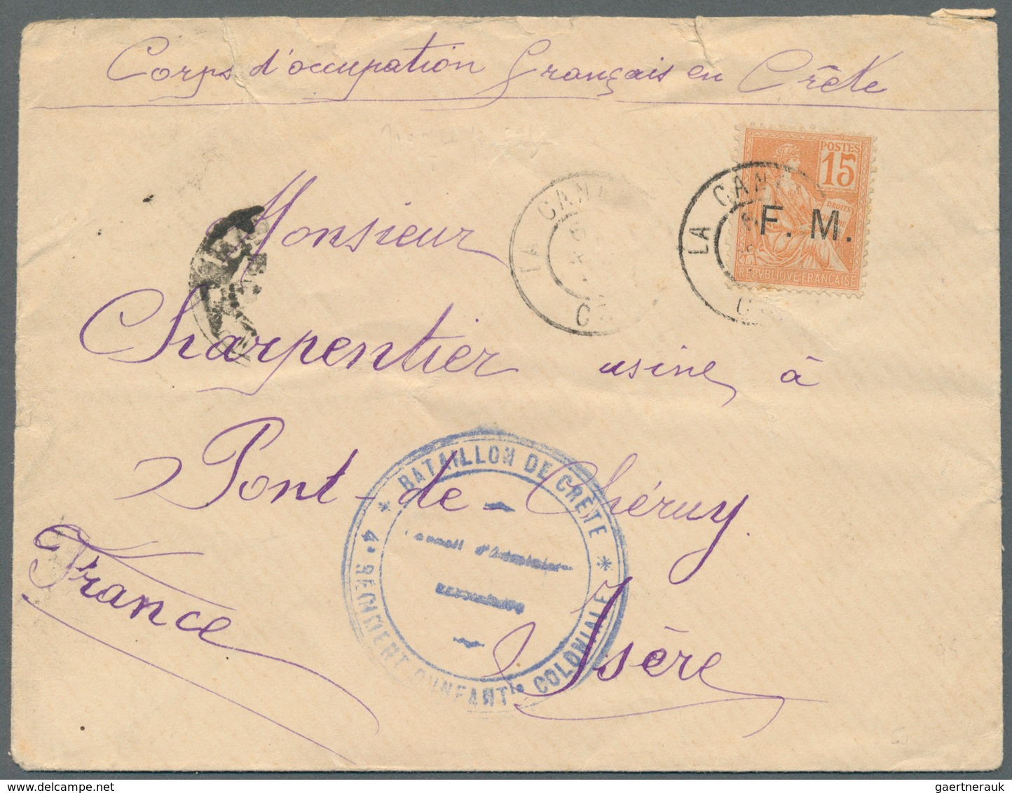 13962 Französische Post Auf Kreta: 1901. Blue Tri-circle Cachet "Bataillon De Crete" And Military Stamp 15 - Sonstige & Ohne Zuordnung