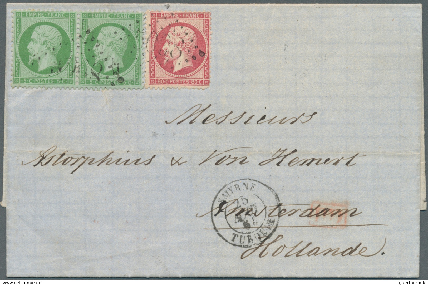 13963 Französische Post In Der Levante: 1864, Napoleon Laurée Perforated 5 C. Pair And 80 C. (RC) Canc. Gc - Autres & Non Classés