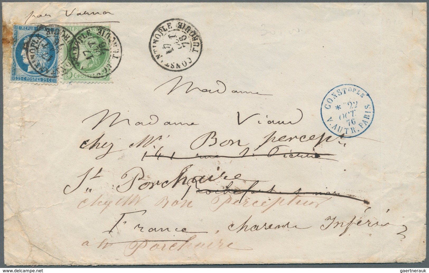 13975 Französische Post In Der Levante: 1876. Cérès 5c And 25c On Cover "Constantinople 17.10.76". Faults. - Autres & Non Classés