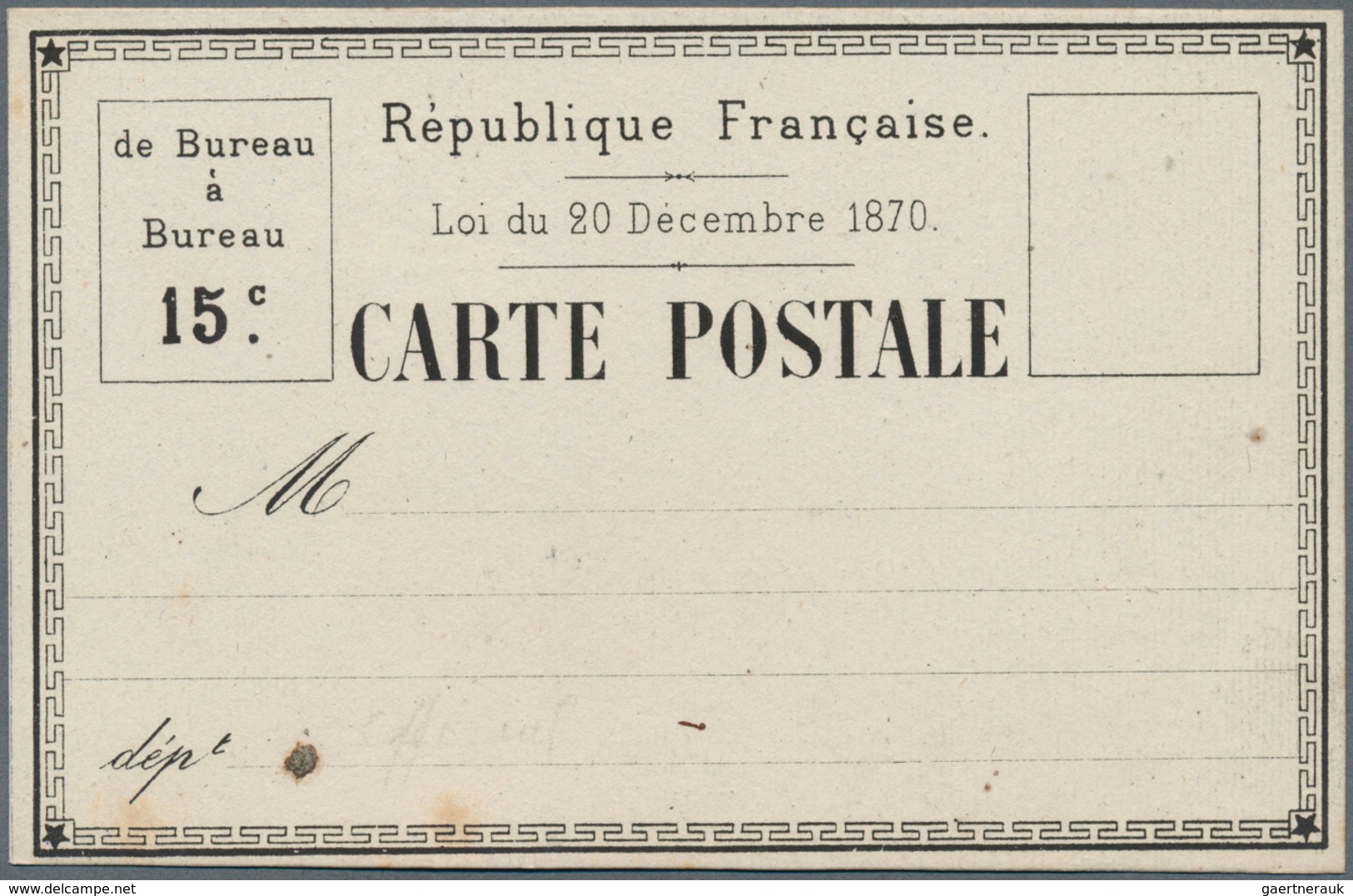 13999 Frankreich - Ganzsachen: 1872, 15 C Postal Stationery Card ESSAY (imprimerie Nationale), Framed With - Autres & Non Classés