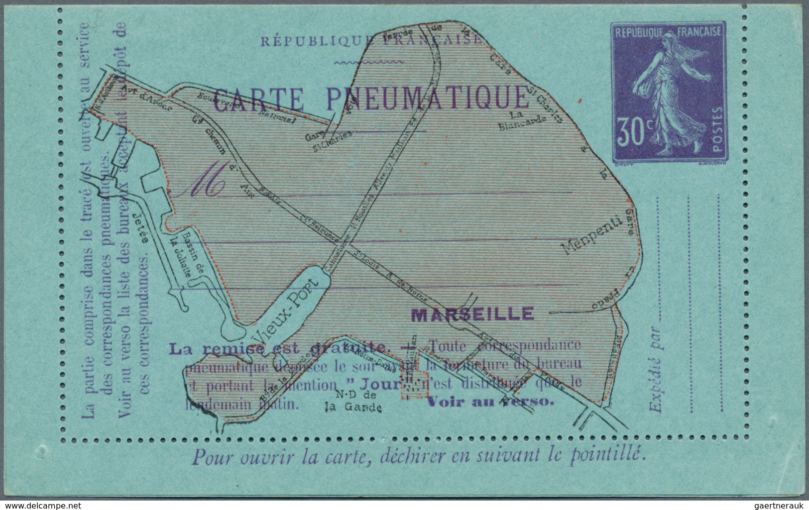 14011 Frankreich - Ganzsachen: 1910, 30 C Violet On Blue Semeuse, Pneumatic Stationery Letter Card For MAR - Sonstige & Ohne Zuordnung