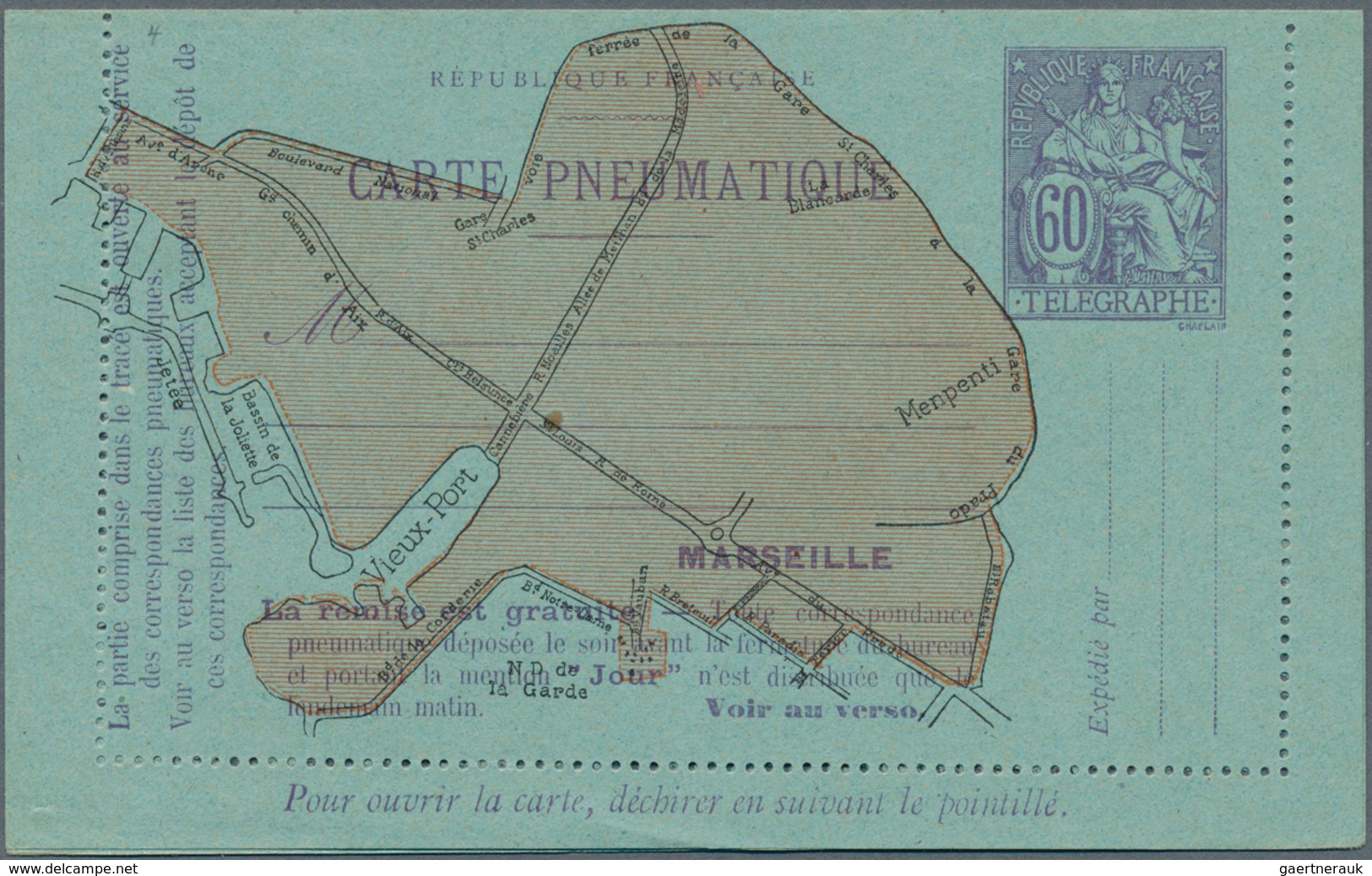 14013 Frankreich - Ganzsachen: 1919, 60 C Violet On Blue Chaplain, Pneumatic Stationery Letter Card For MA - Sonstige & Ohne Zuordnung