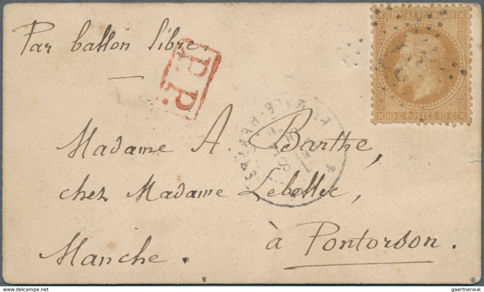 14018 Frankreich - Ballonpost: 1870. Card "Par Ballon Libre" With 10c Napoleon From "Paris 8.10.70" To Pon - 1960-.... Briefe & Dokumente