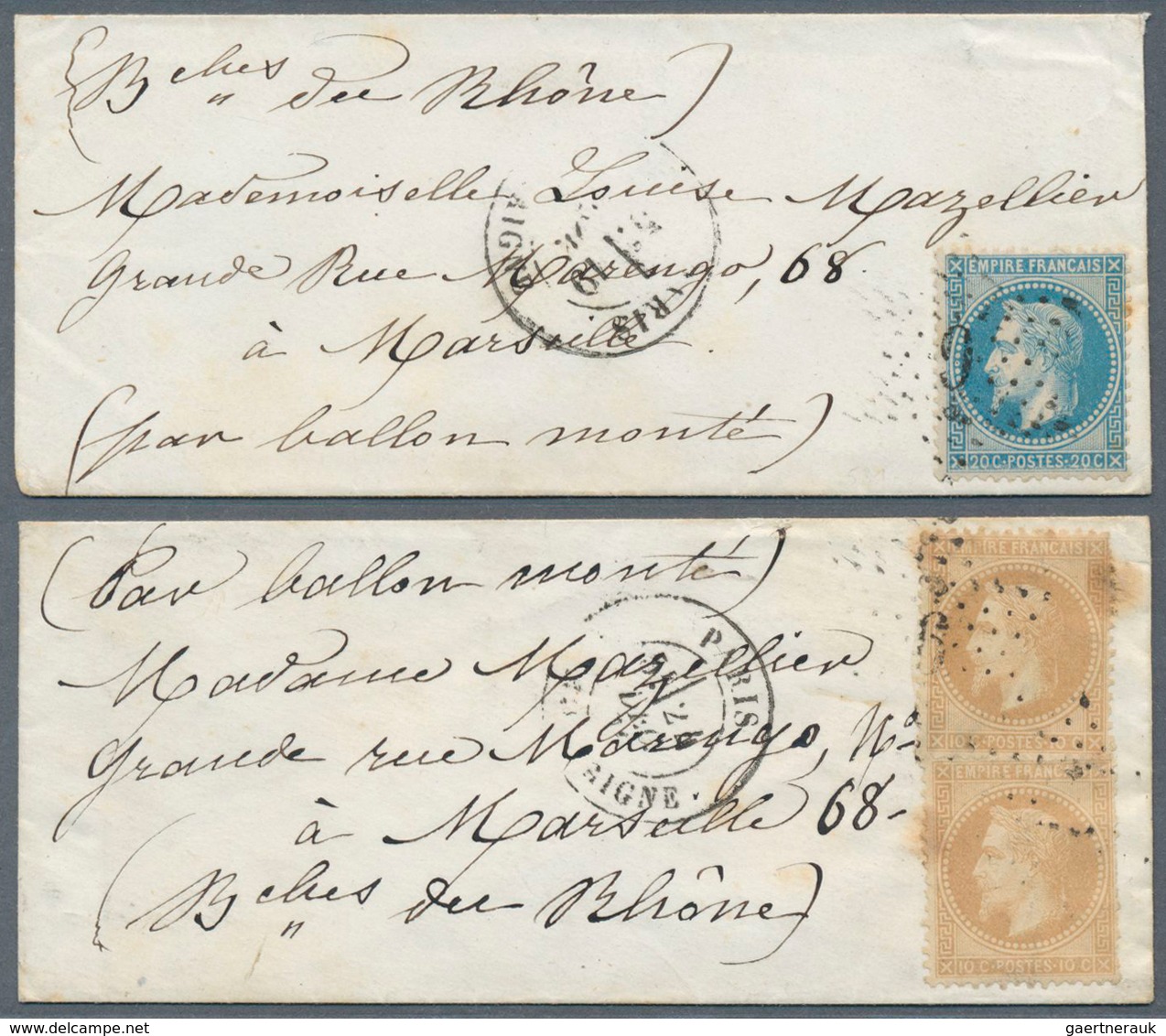 14020 Frankreich - Ballonpost: 1870, "Archimede" And "Tourneville", Two Tiny Covers To The Same Address In - 1960-.... Storia Postale