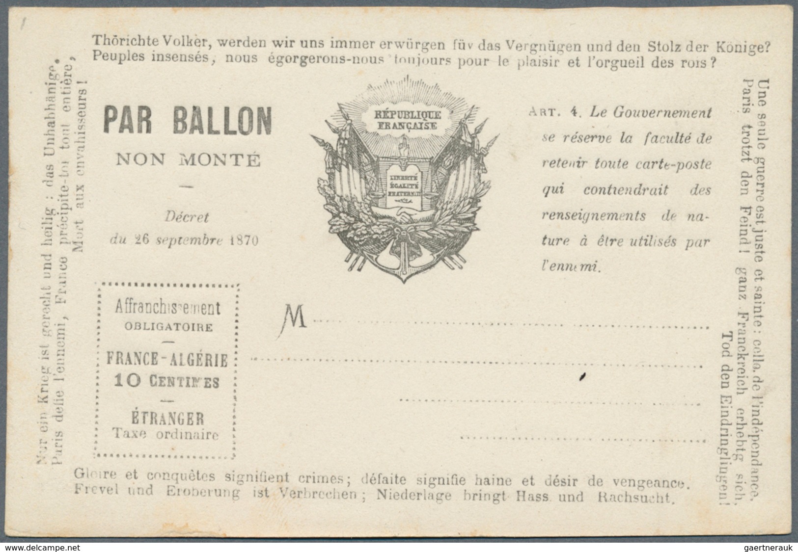 14024 Frankreich - Ballonpost: 1870, Postcard Form Black On White "PAR BALLON NON MONTE" With Framed Place - 1960-.... Briefe & Dokumente