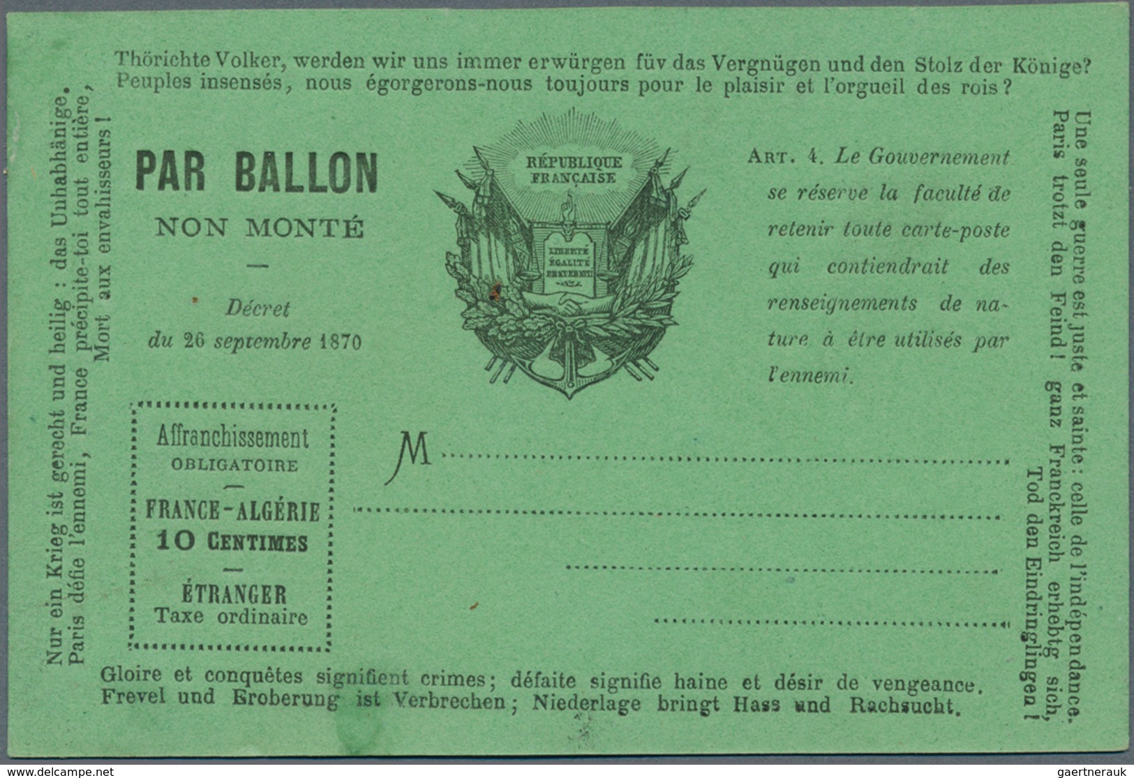 14025 Frankreich - Ballonpost: 1870, Postcard Form Black On Green "PAR BALLON NON MONTE" With Framed Place - 1960-.... Briefe & Dokumente