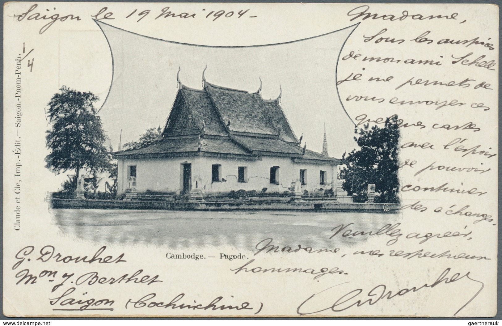 14039 Frankreich - Schiffspost: 1904/1908, Three Franked Picture Cards With Motives From Cambodgia And Bat - Autres & Non Classés