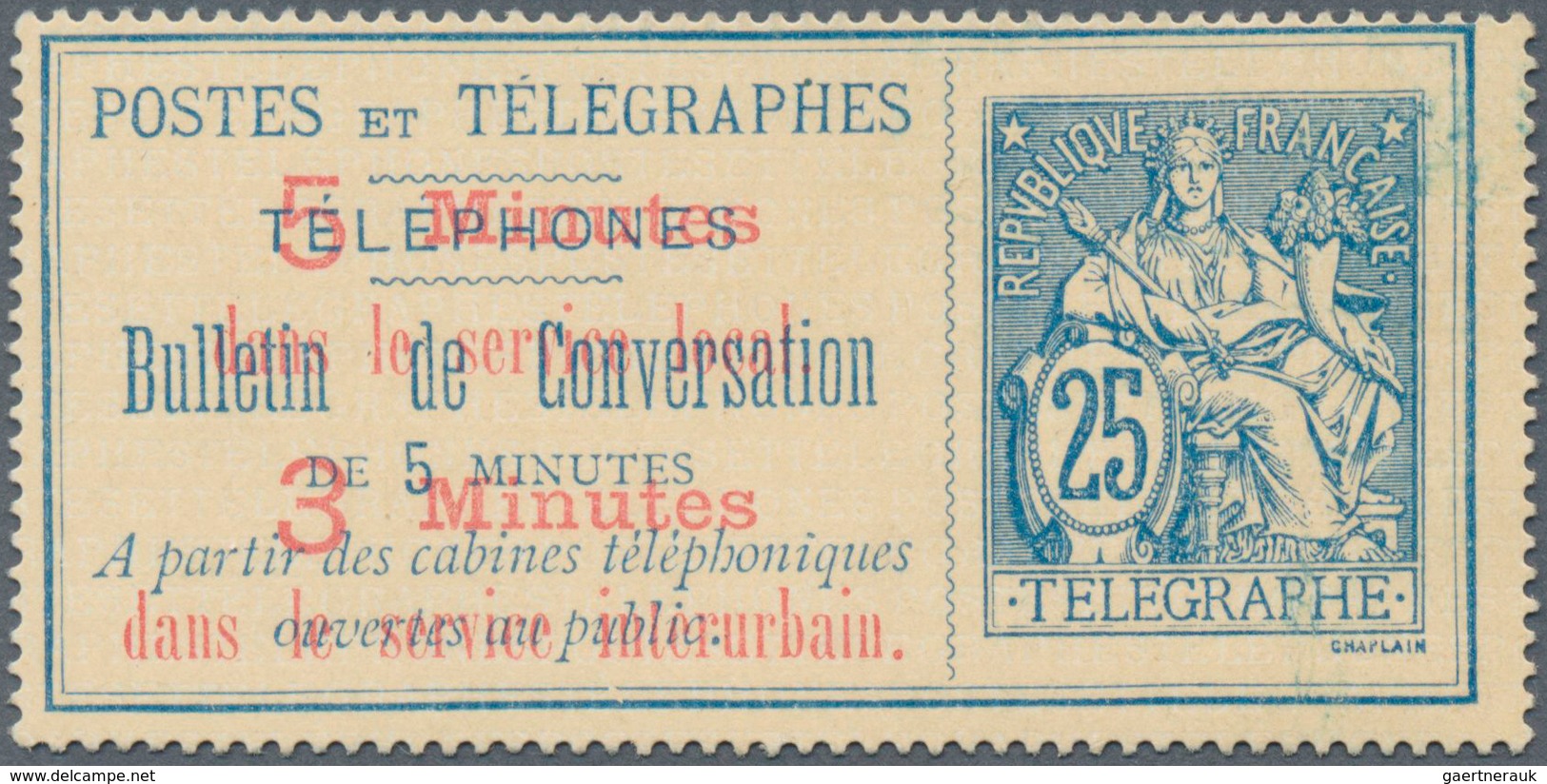 14056 Frankreich - Besonderheiten: 1896, 3 Minutes Telephone Receipt With Overprint Unused, (Maury No 13, - Autres & Non Classés