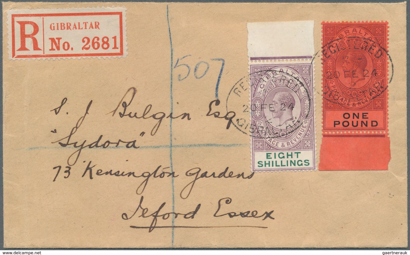 14070 Gibraltar: 1912, 8 Sh. Und 1 Pfund Georg V., Je Glasklar Gestempelte Luxusrandstücke Auf "REGISTERED - Gibraltar