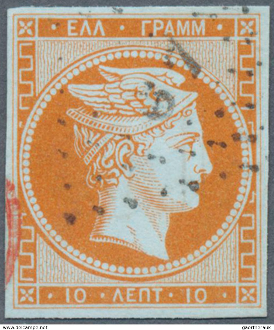 14081 Griechenland: 1861, Hermes Head 10 Lepta Orange On Bluish, Having Full Margins, With Number Cancella - Briefe U. Dokumente