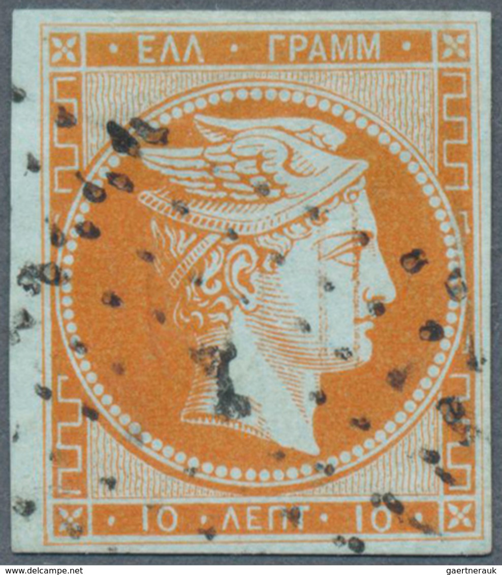 14082 Griechenland: 1861, Hermes 10 Lepta Orange On Bluish, Having Full Margins, With Illegible Number Can - Briefe U. Dokumente