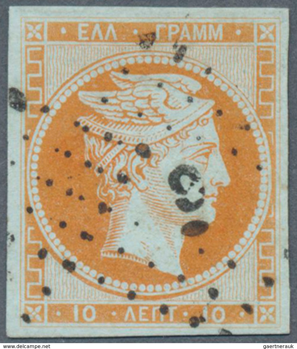 14083 Griechenland: 1861, Hermes Head 10 Lepta Orange On Bluish, Broad Margins, With Number Cancellation " - Lettres & Documents