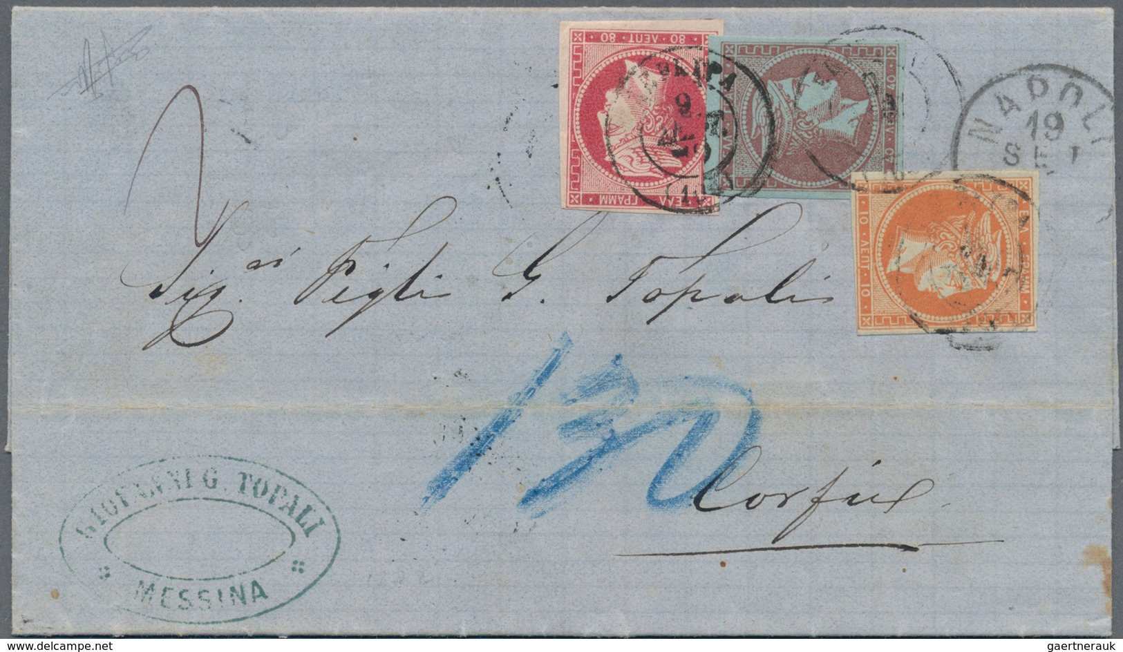 14086 Griechenland: 1872, Folded Stamples Envelope From Messina With Blue Crayon "130" At Arrival 10 L. Or - Briefe U. Dokumente
