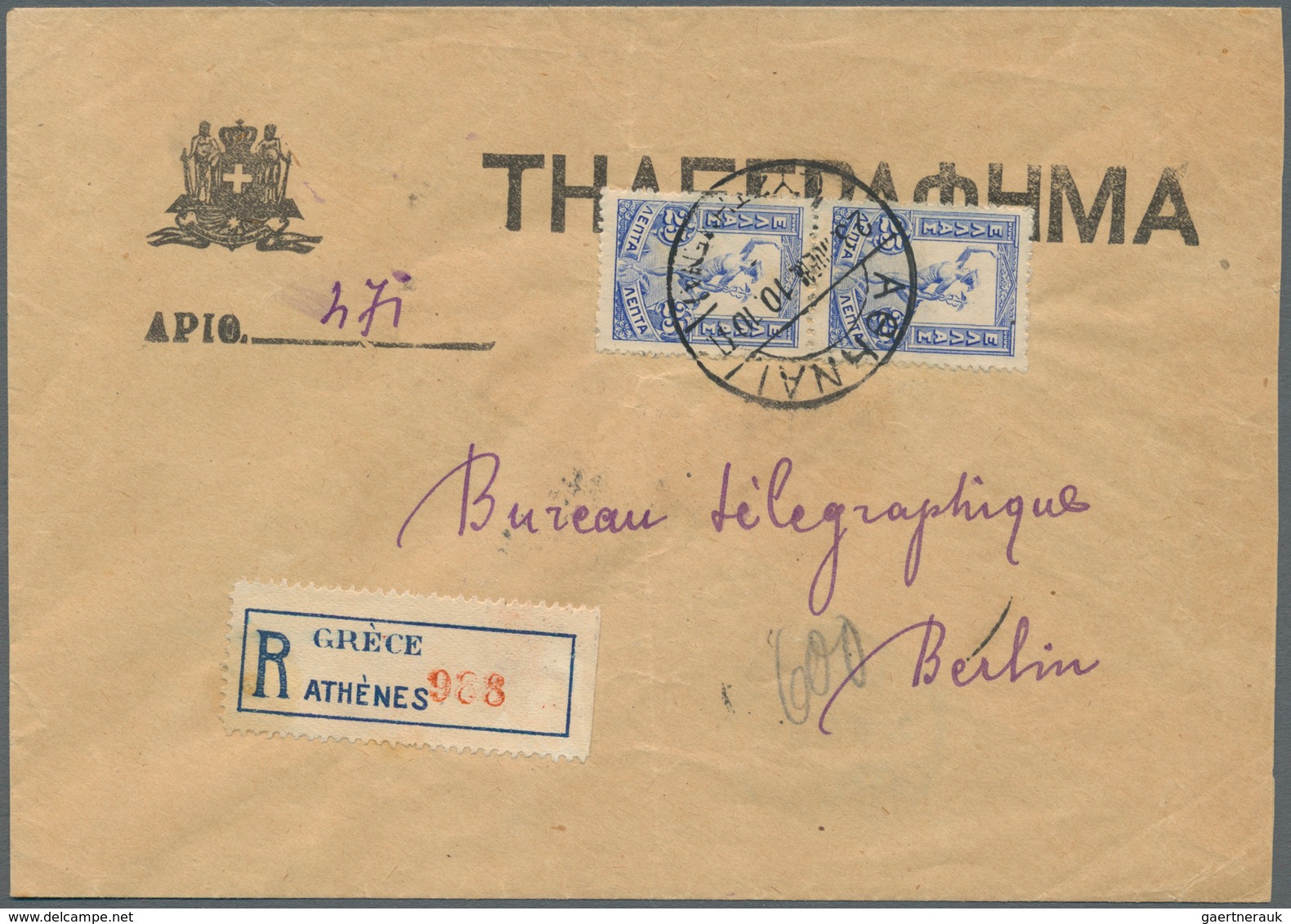 14095 Griechenland: 1901, Hermes 25 L. Blue, Vertical Pair Tied By Cds. "ATHEN 28.11.10" To Registered Rep - Briefe U. Dokumente