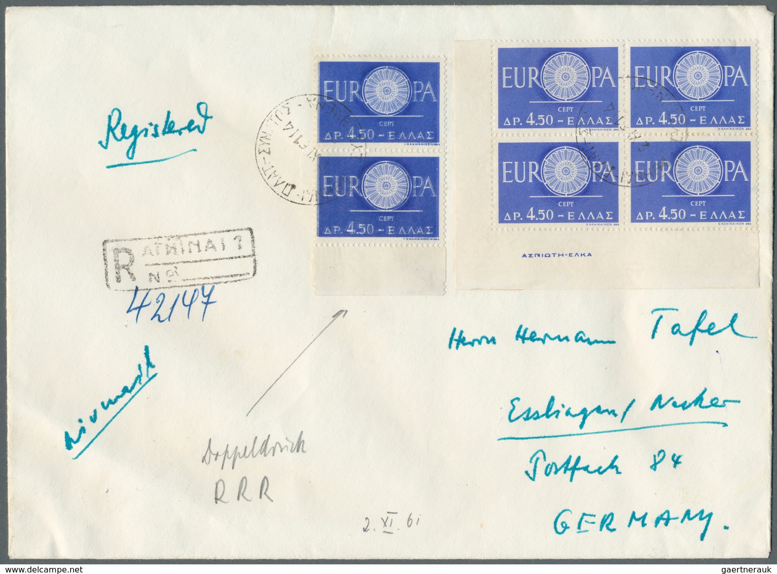 14111 Griechenland: 1961, 4.50 Dr Blue CEPT Pair With Double Impression And Block Of Four Normal Print On - Briefe U. Dokumente