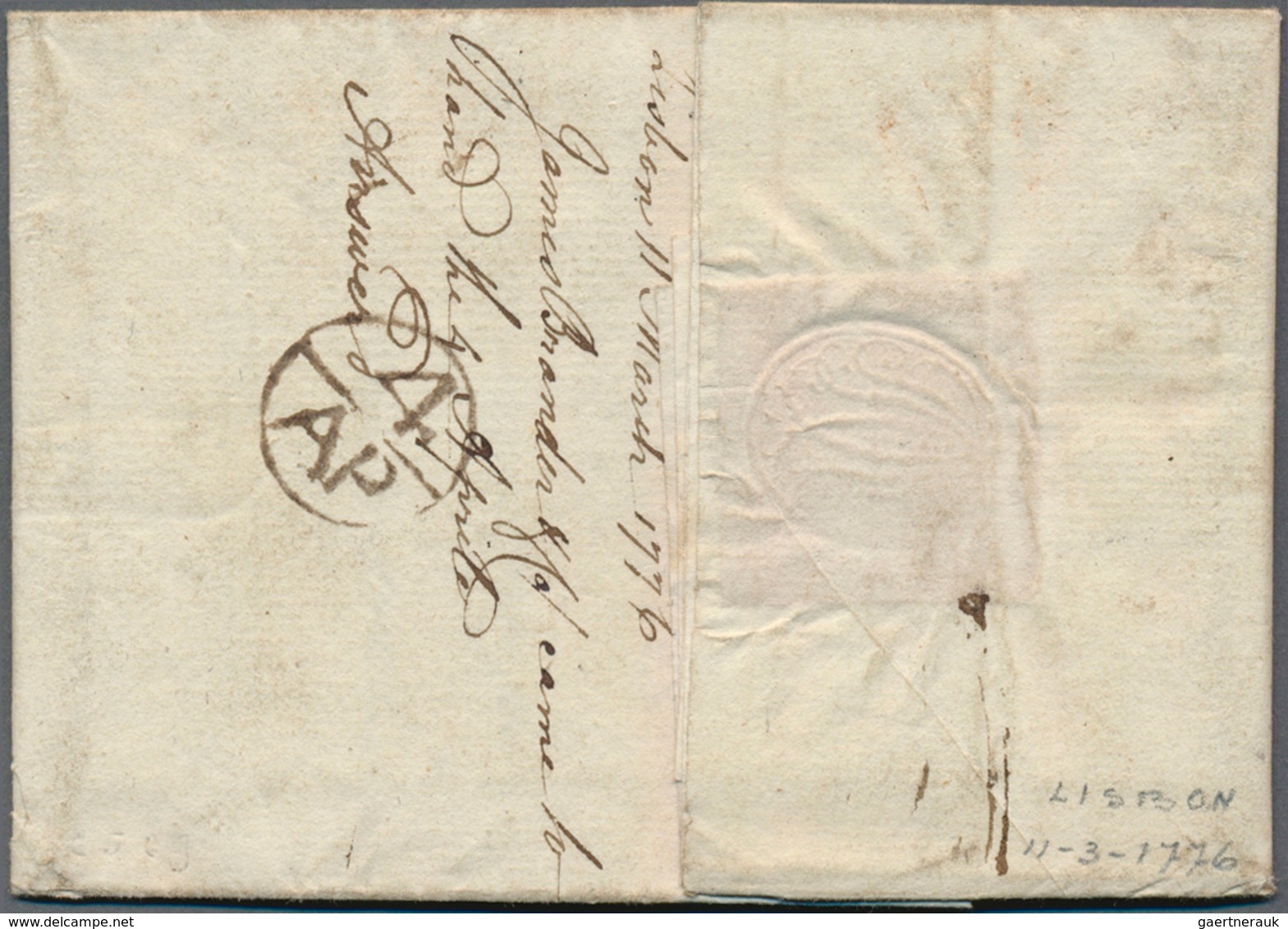 14122 Großbritannien - Vorphilatelie: 1776, INCOMING MAIL: Portugal, Complete Folded Letter Cover From LIS - ...-1840 Precursori