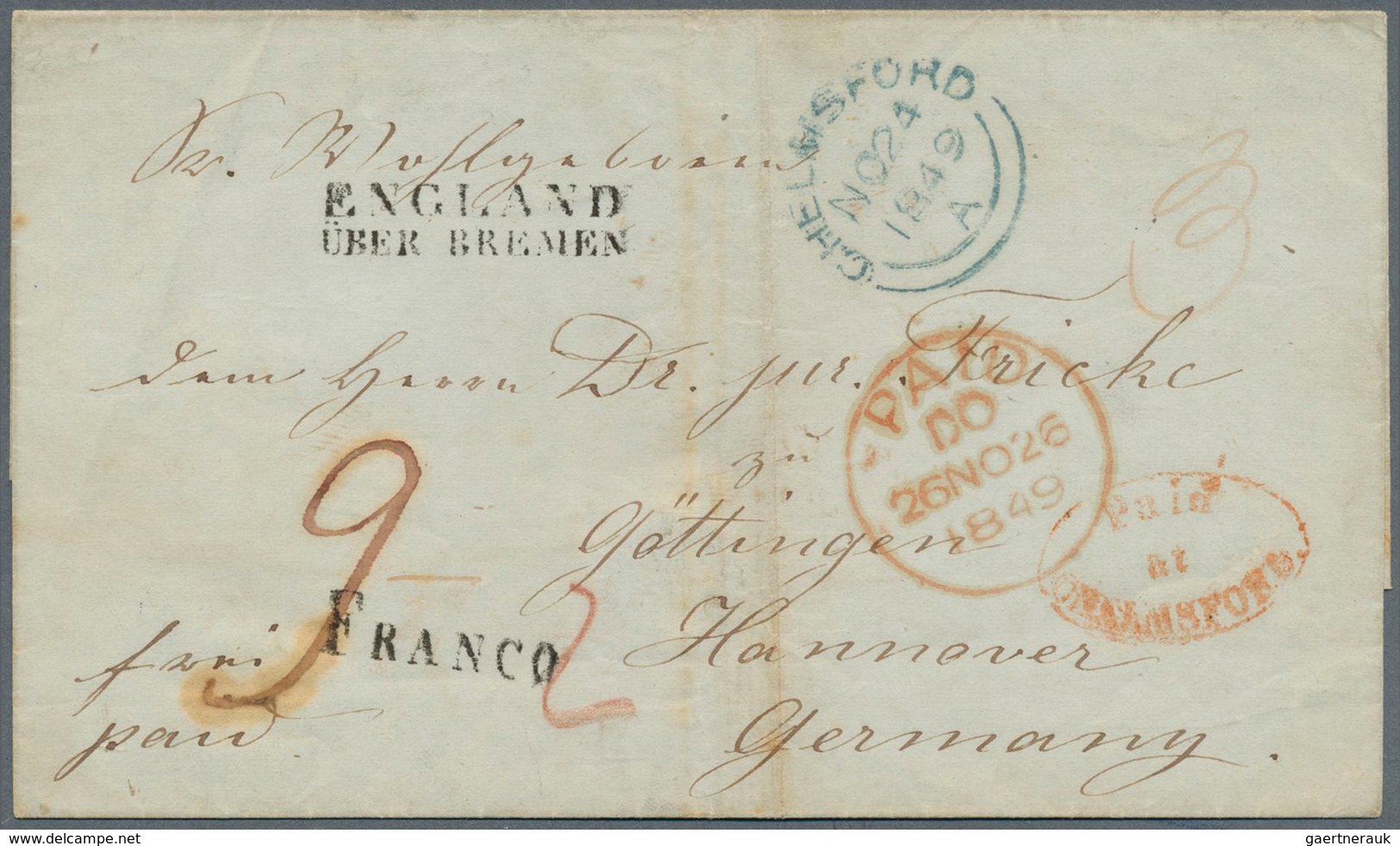 14129 Großbritannien - Vorphilatelie: "CHELMSFORD NO.24.1849", Blue Cds. On Folded Cover With Red Oval Mar - ...-1840 Préphilatélie