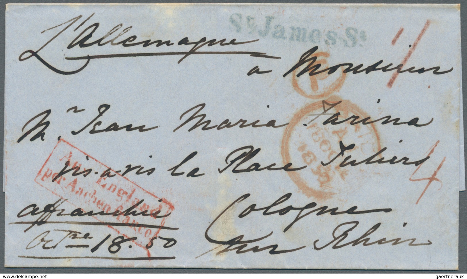 14130 Großbritannien - Vorphilatelie: 1850, Taxed Letter From London "St. James St" To Colgne, Prussia Sho - ...-1840 Vorläufer