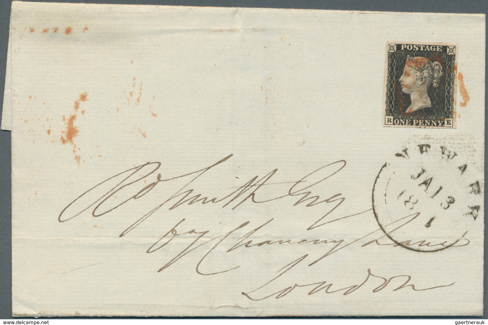 14132 Großbritannien: 1841, Folded Envelope From Newark 13/1/1841 To London With 1p. Black (RE) Full To Wi - Sonstige & Ohne Zuordnung