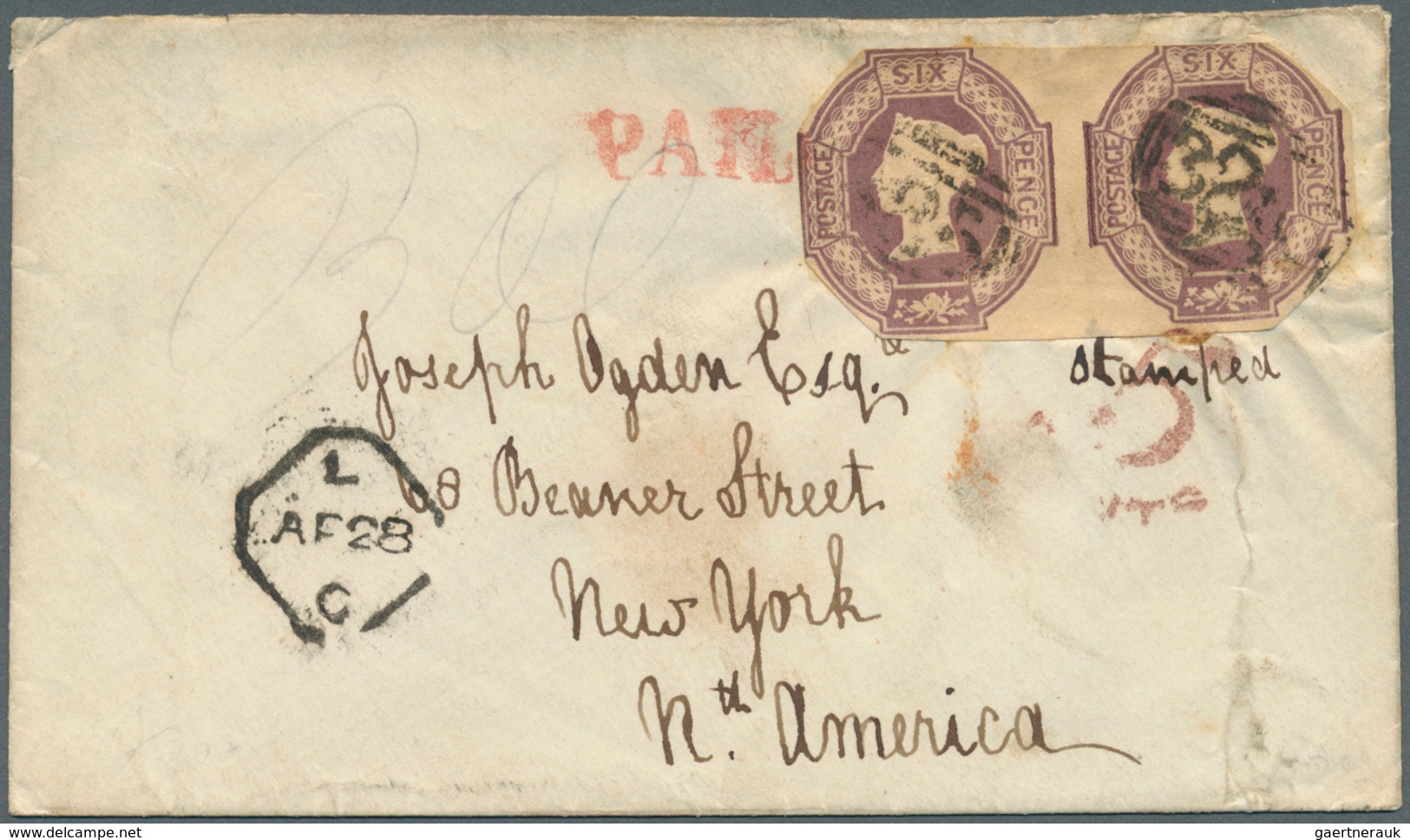 14142 Großbritannien: 1847-54 Embossed 6d. Mauve Horizontal Pair, Used On 1854 Cover From Guildford To New - Autres & Non Classés