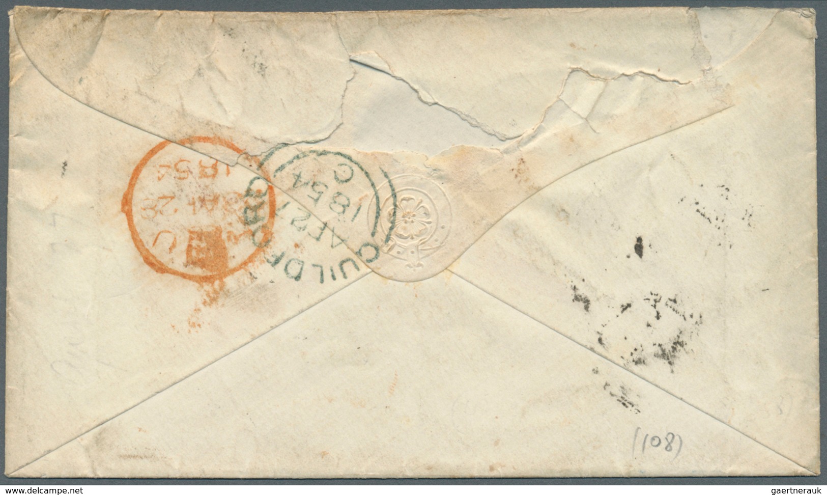 14142 Großbritannien: 1847-54 Embossed 6d. Mauve Horizontal Pair, Used On 1854 Cover From Guildford To New - Autres & Non Classés